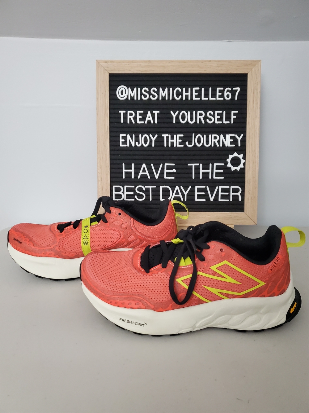 New Balance Womans  Coral W/neon yellow Fresh Foam Hierro Shoes 6.5. Worn Once
